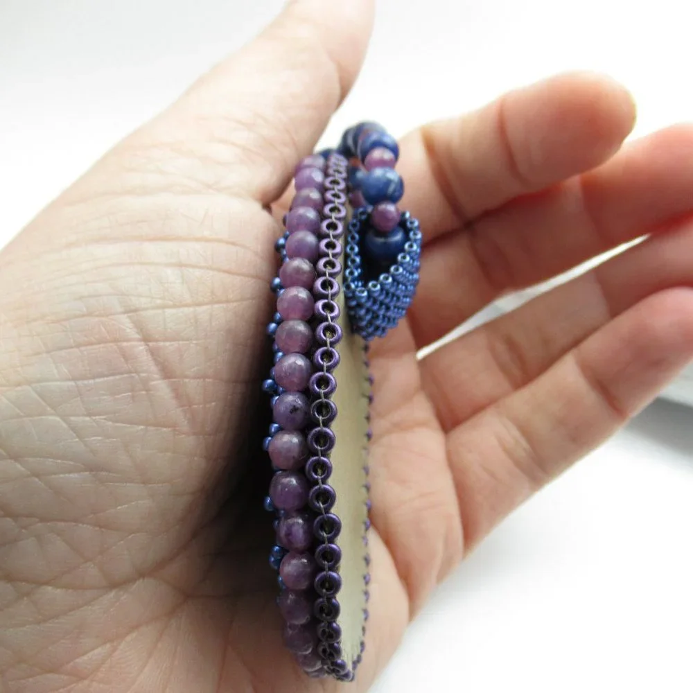 Artisan Bead embroidered cabochon on Sodalite and Lepidolite necklace